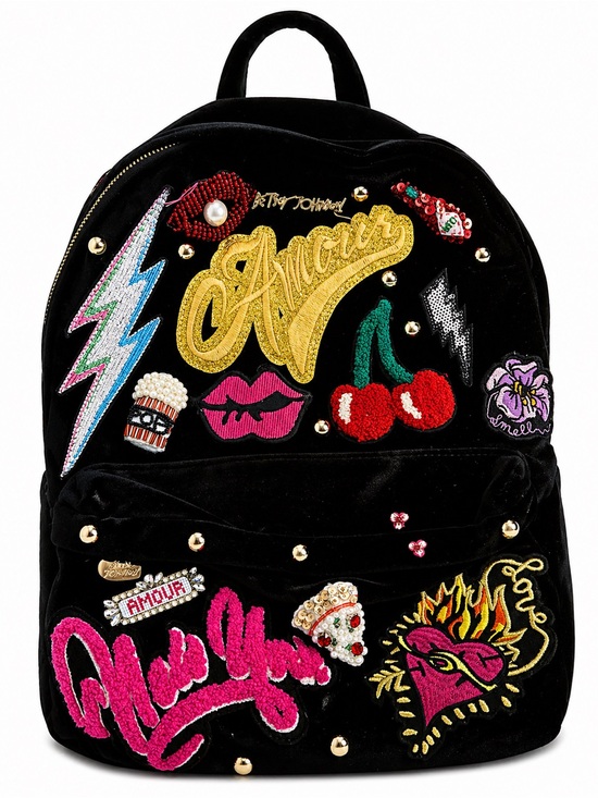 Betsey Johnson Handbags - Betsy Johnson Baby’s Got Back Embellished Embroidered Black Velvet Backpack